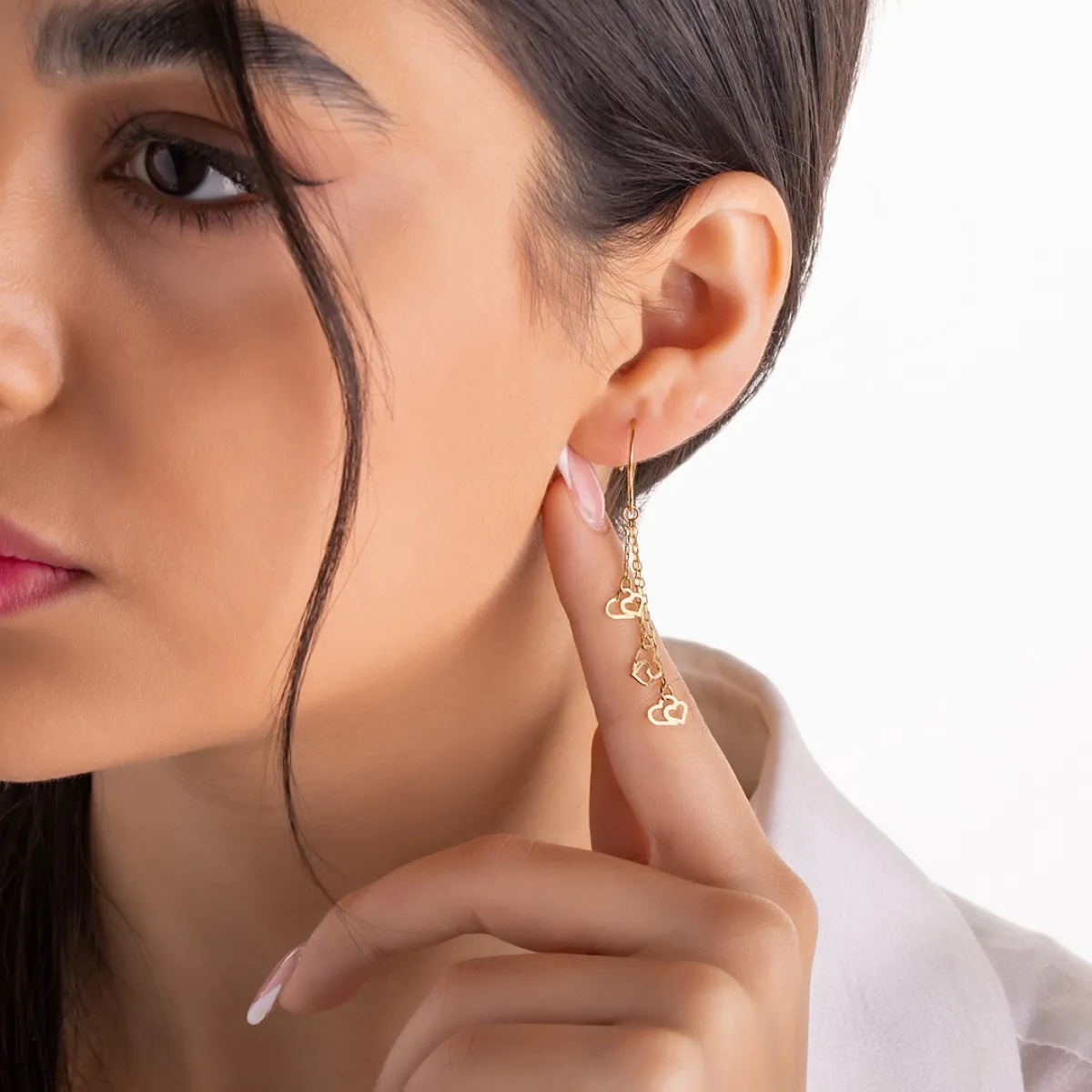 گوشواره لیزری آویز دو قلب طلا E036