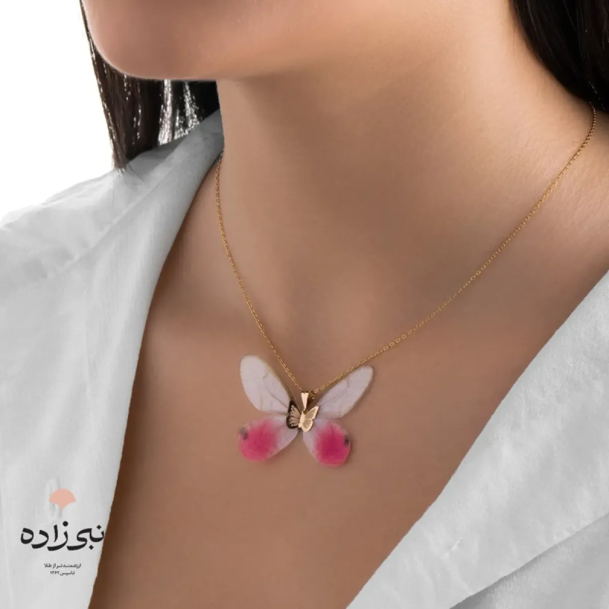 پلاک پروانه پارچه ای صورتی طلا C046